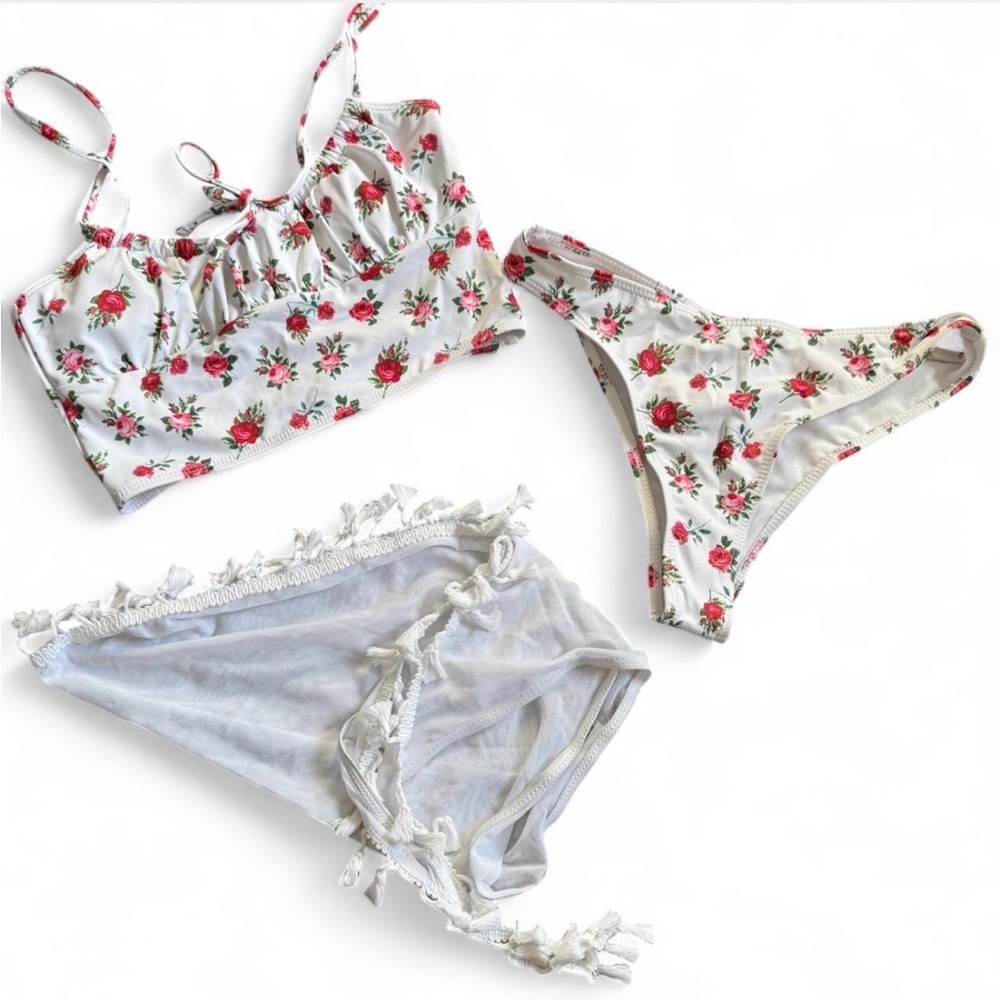 3 Piece Floral Bikini Swimsuit Set With Beach Skirt
